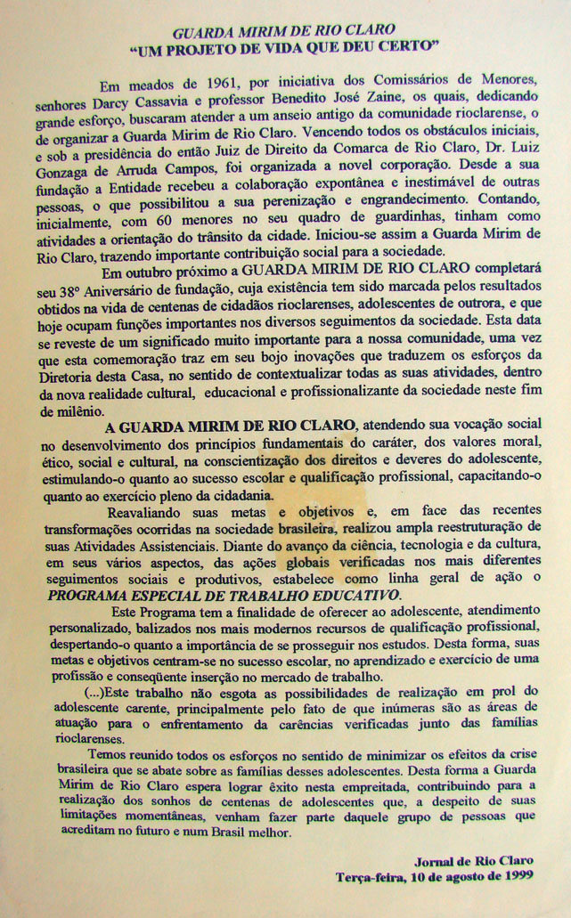 Imagem da notícia 'GUARDA MIRIM DE RIO CLARO UM PROJETO QUE DEU CERTO'