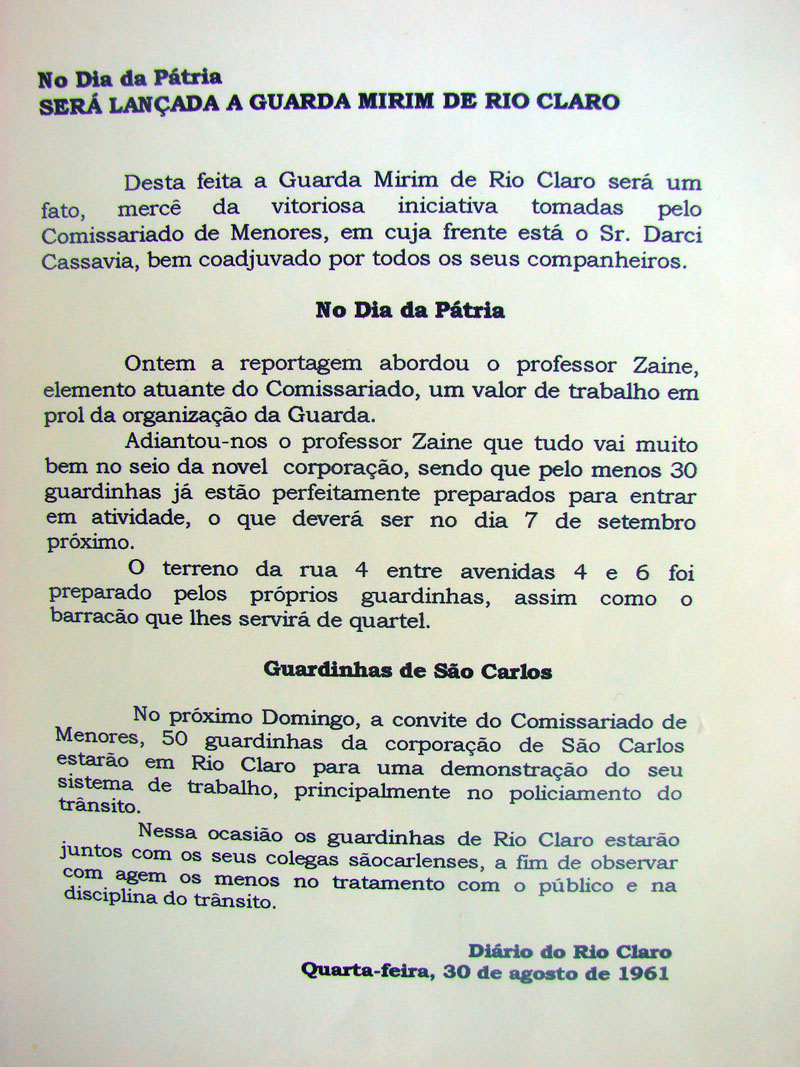 Imagem da notícia 'NO DIA DA PATRIA SERA LANÇADA A GUARDA MIRIM  DE RIO CLARO'